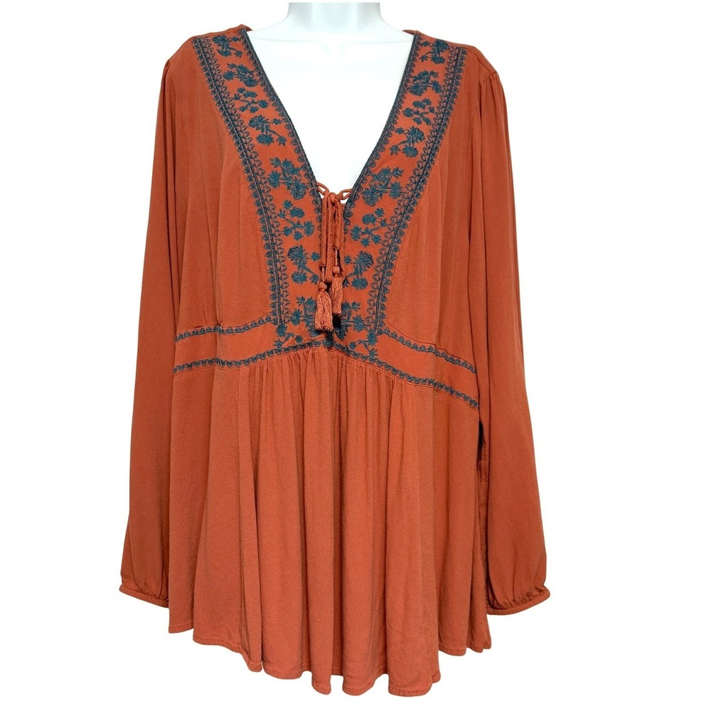 Torrid Tunic Top Boho Embroidered Womens 2‎ Orange Renfair Long Sleeve Blouse